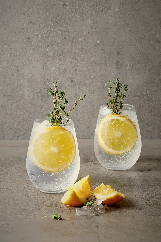 Two gin and tonics with lemon and thyme